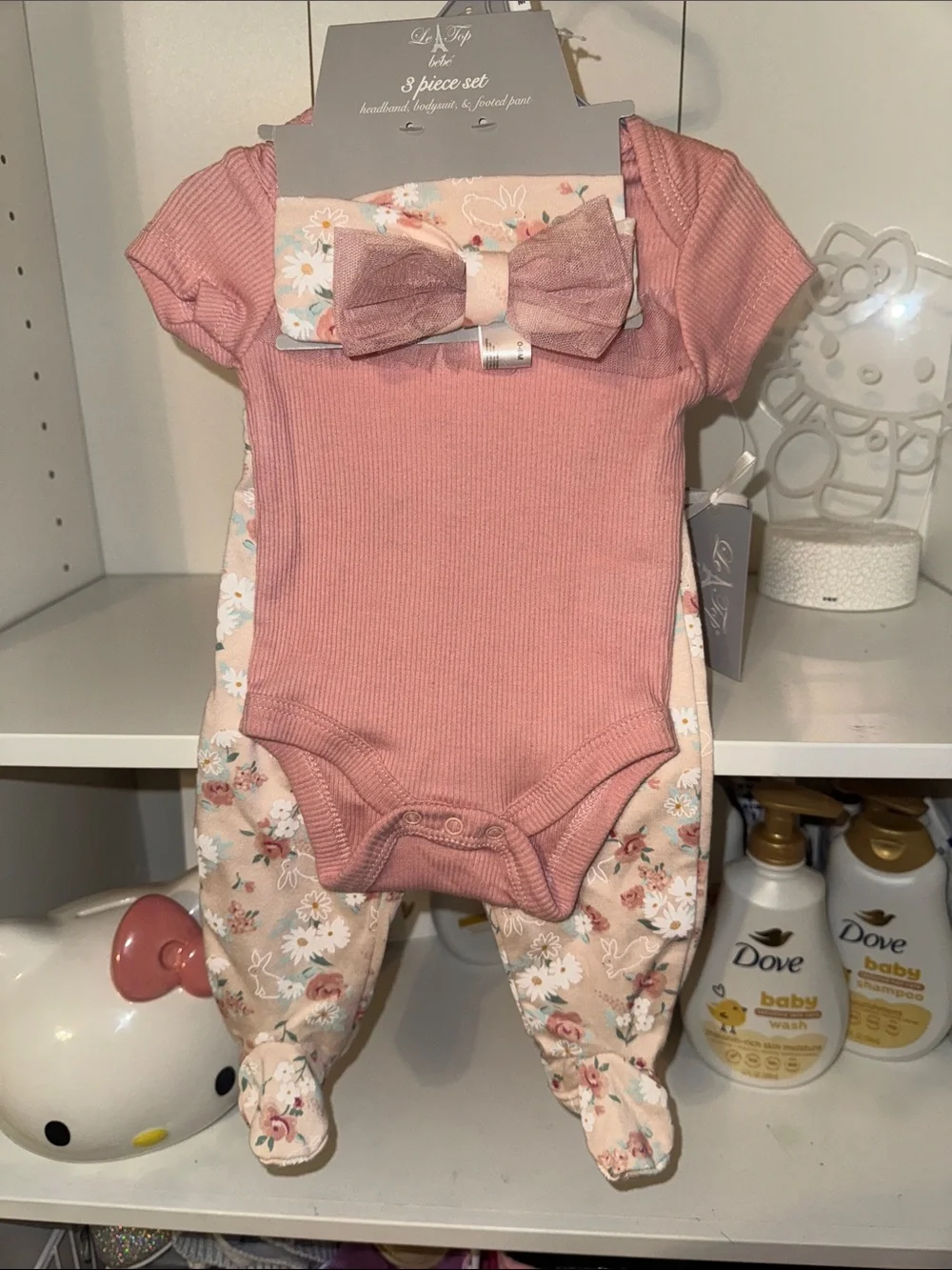 Le Top Pink Ribbed Baby One-Piece with Floral Footed Pants & Bow